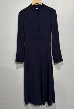 Arket Womens Modest Maxi Dress EU 34, US 4 Long Sleeves A-Line Band Collar Blue